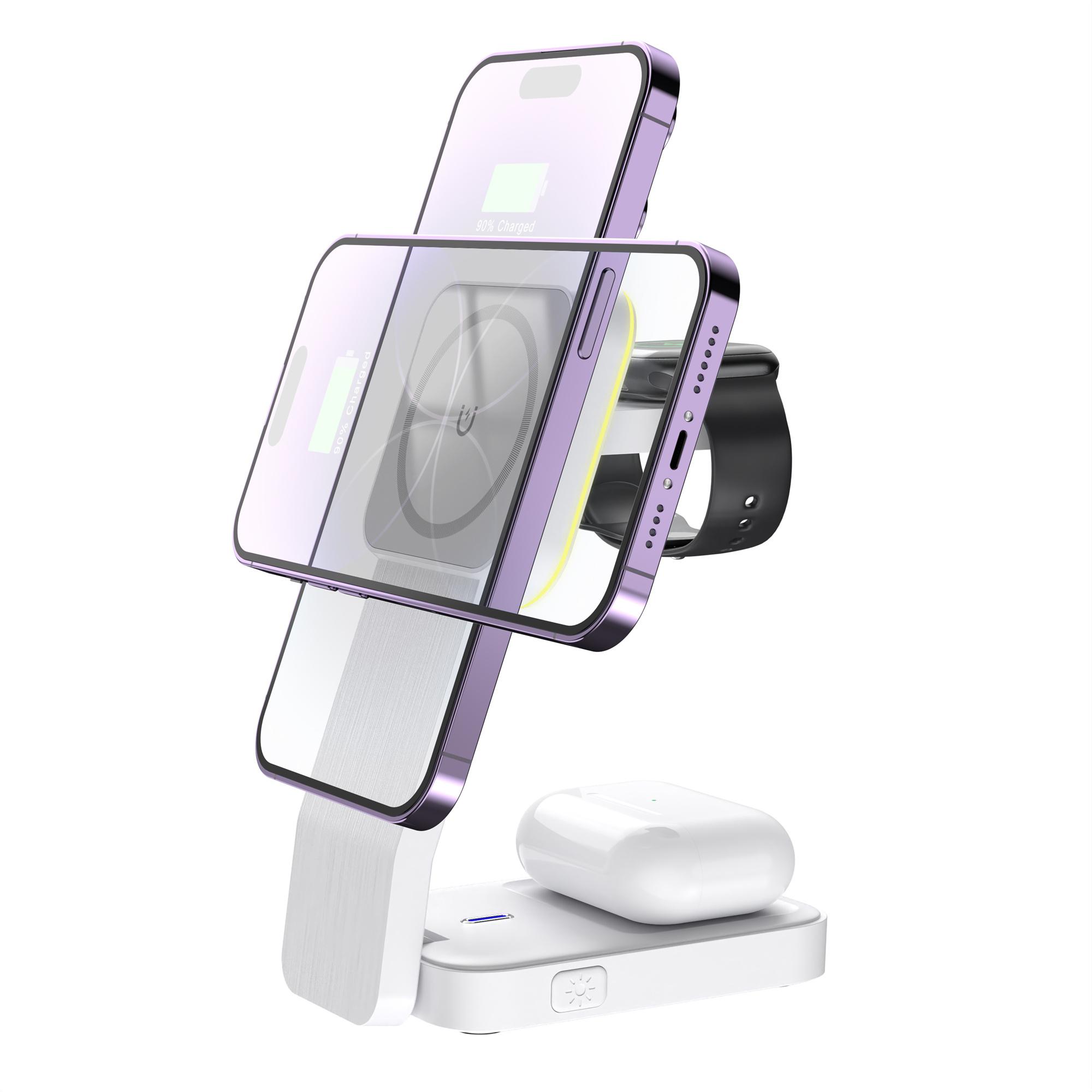 

HT-538 3 in 1 Foldable 15W Magnetic Wireless Charger with Night Light for Phone/Watch/Earbuds White