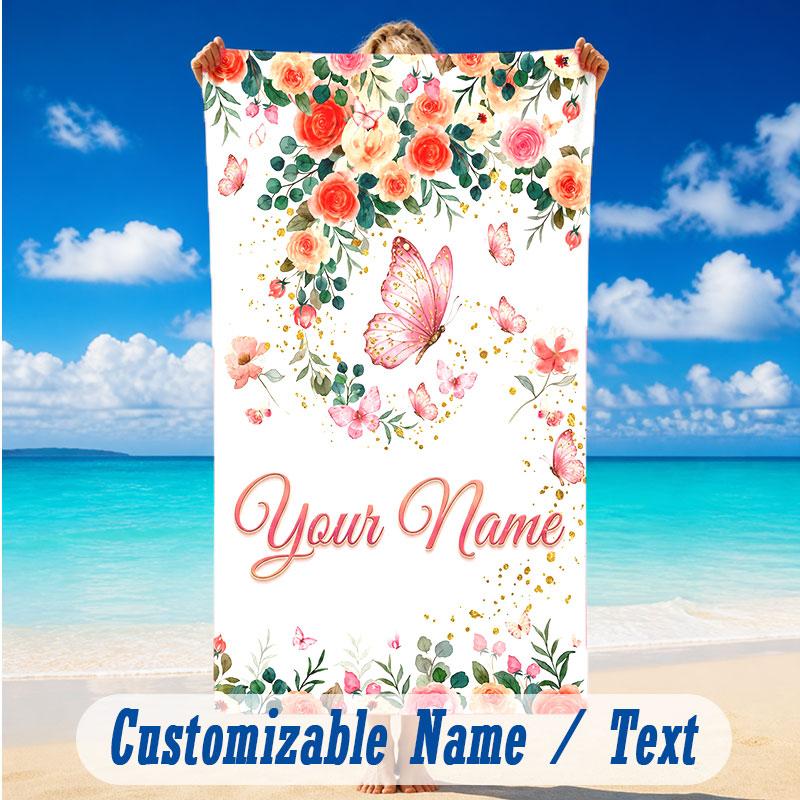 Butterfly Theme Beach Towel Personalized Custom Name & Text Soft Quick Dry Beach Towel for Swimming Travel