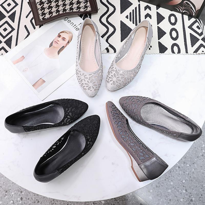 GKTINOO Spring Summer Hollow Genuine Leather Pumps Women Shoes Med Heels Square Heel Mesh Ladies Office Shoes Crystal
