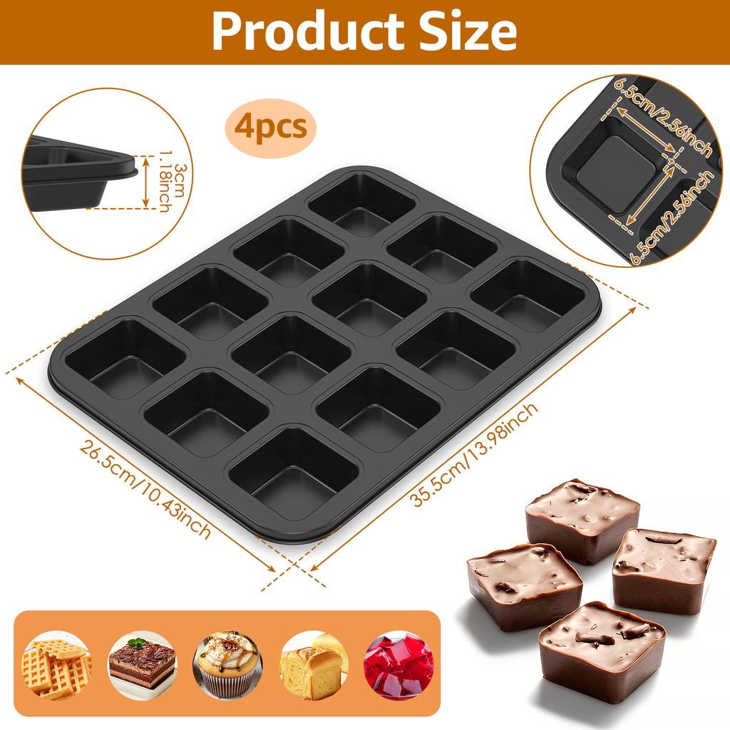 4/2Pcs Mini Brownie Pans 12 Cavity Non-stick Muffin Baking Pan Bakewares Square Cupcake Baking Molds for Home Gathering Baking