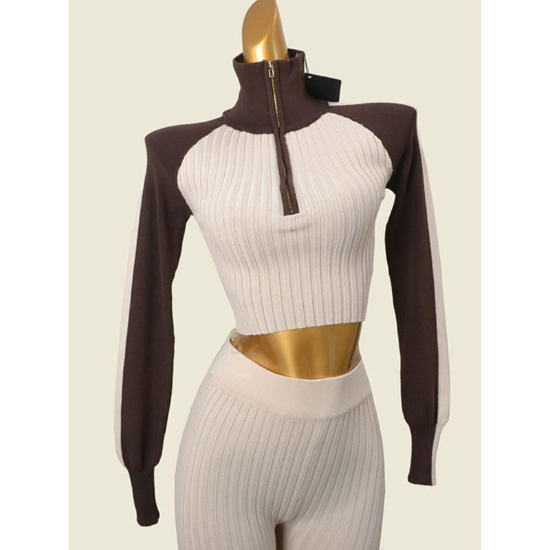 American vintage Lapel High Elastic Sunken Stripe Short Knitted Top + Slim fit Thread Trousers Fashion Cards Two-piece Set