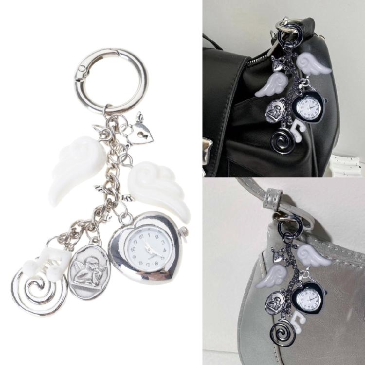 Enchanting Angel Wing Clock Keyring Vintage Alloy Bag Charm Creative Jewelry Accessory For Everyday Use
