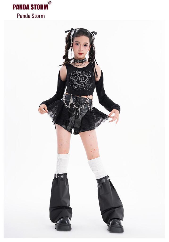 Girls' Trendy Sequin Rhinestone Dance Set: Long Sleeve T-Shirt and Pants for Street Dance Performance