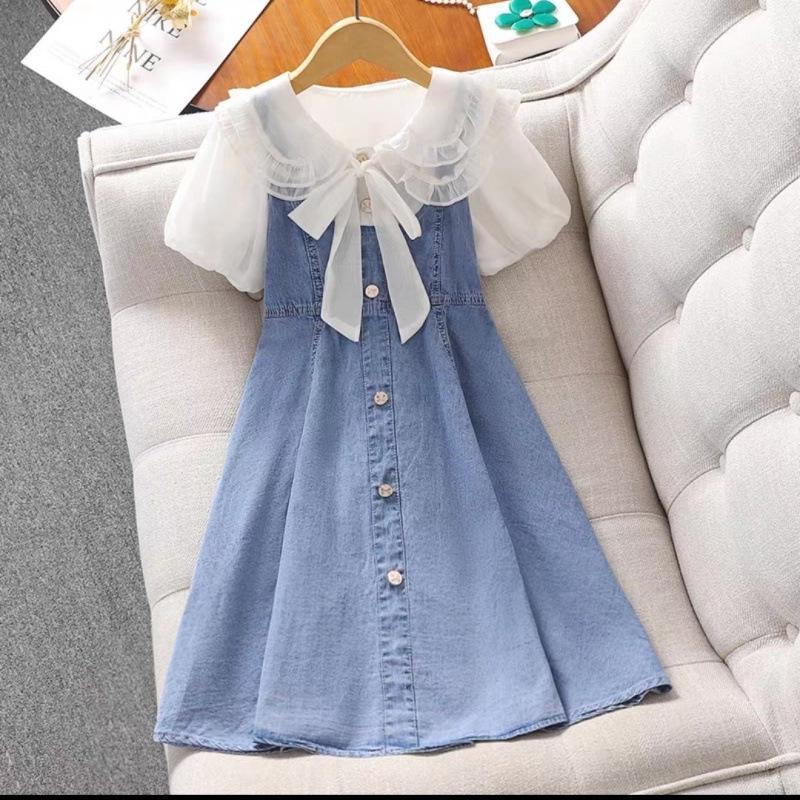 

Girls Summer 2025 Puff Sleeve Denim Princess Dress 150