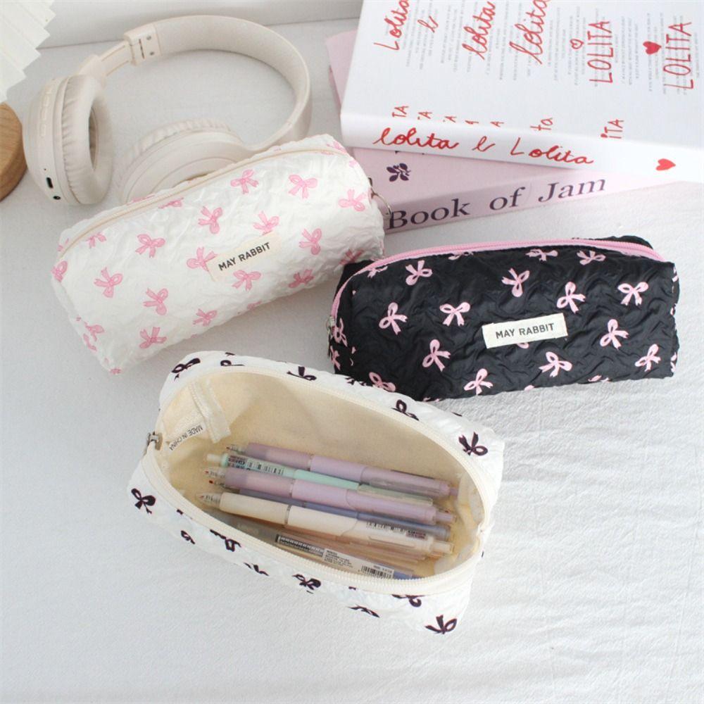 INS Bow Print Pencil Case Large Capacity Student Stationery Storage Bags Back to School Gifts