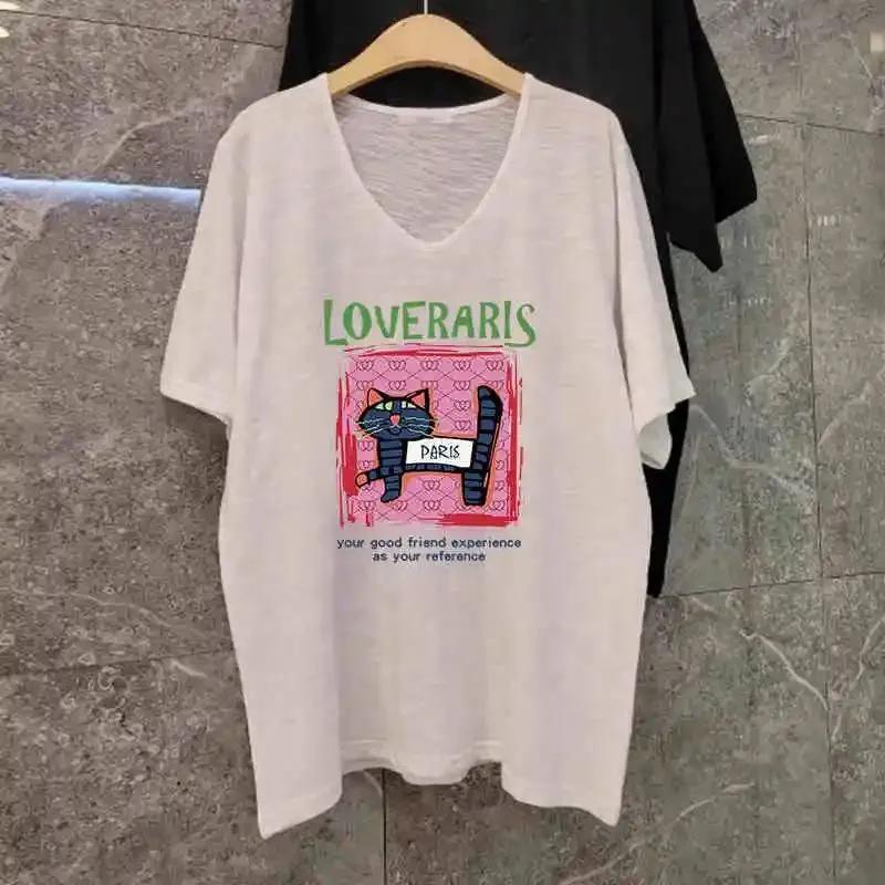 Bamboo Cotton V-neck Short-sleeved T-shirt Women Summer Wide Slightly See-through Versatile Casual Bottoming Printed Tops