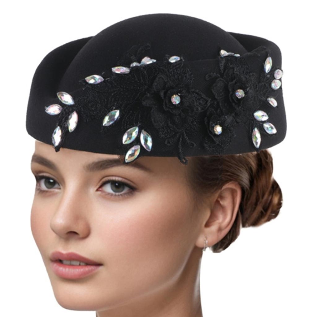 Rhinestone Flower Fascinator Hat for Teaparty Cocktail Party Female Pillbox Hat Roleplay Bowler Hat for Formal Occasion