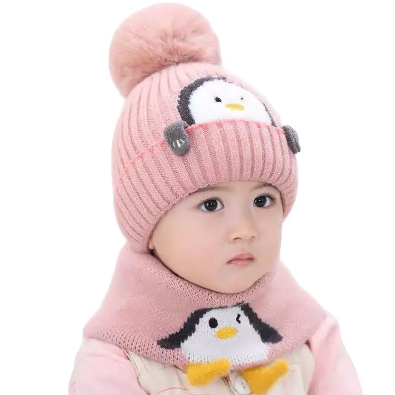 Children's Autumn and Winter Hat and Scarf Set, Boys and Girls' Thick Yarn Knitted Scarf and Ear Protection Two-piece Set