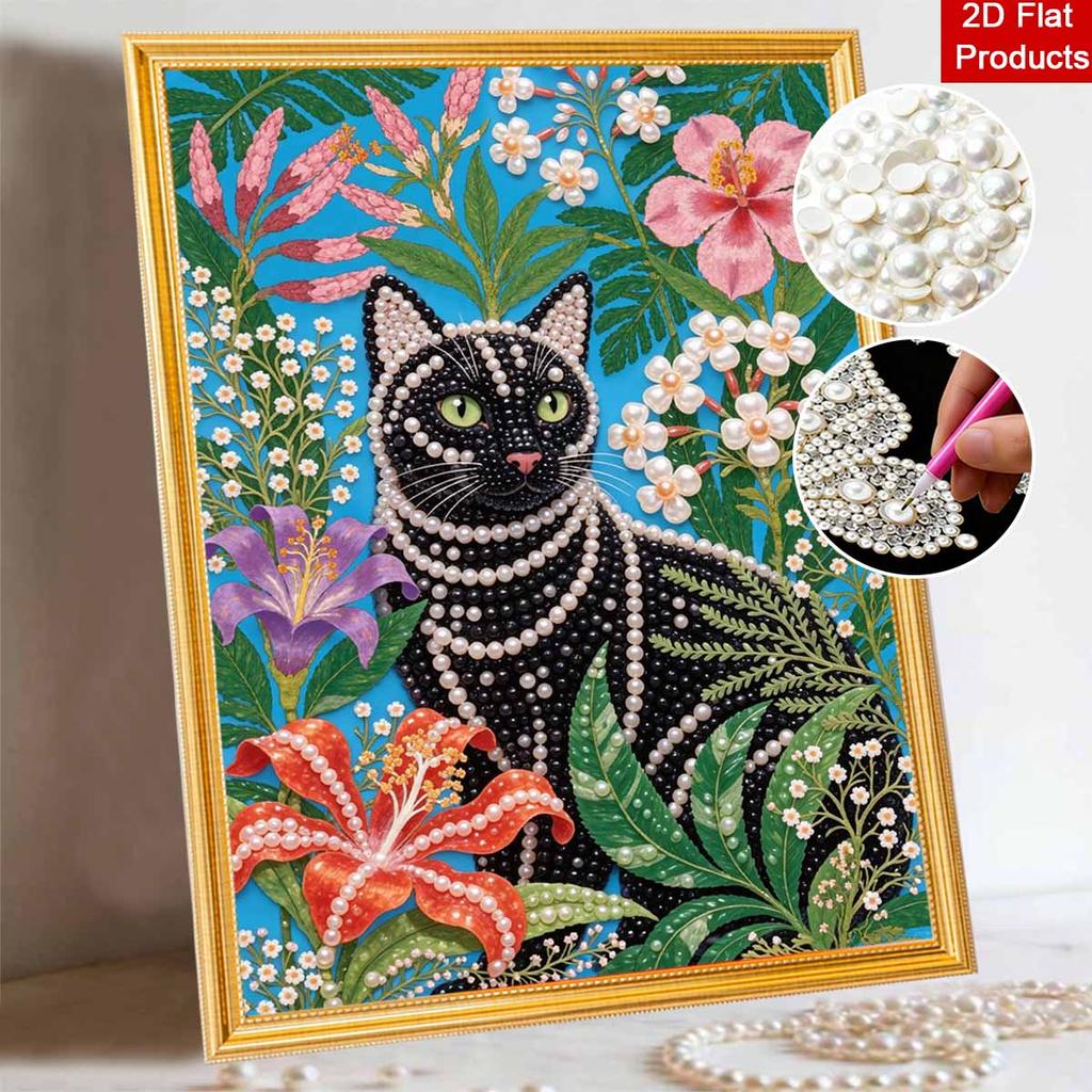 Frameless Pearl Painting DIY Kit Elegant Black Cat with Colorful Flowers 3D Sparkling Bead Canvas Relaxing Creative Craft for Art Lovers