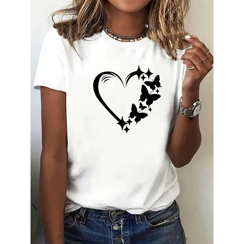 European Size A Cute Summer T-Shirt with a Heart Print Design, Perfect for Spring And Summer Casual Sports Wear for Women.