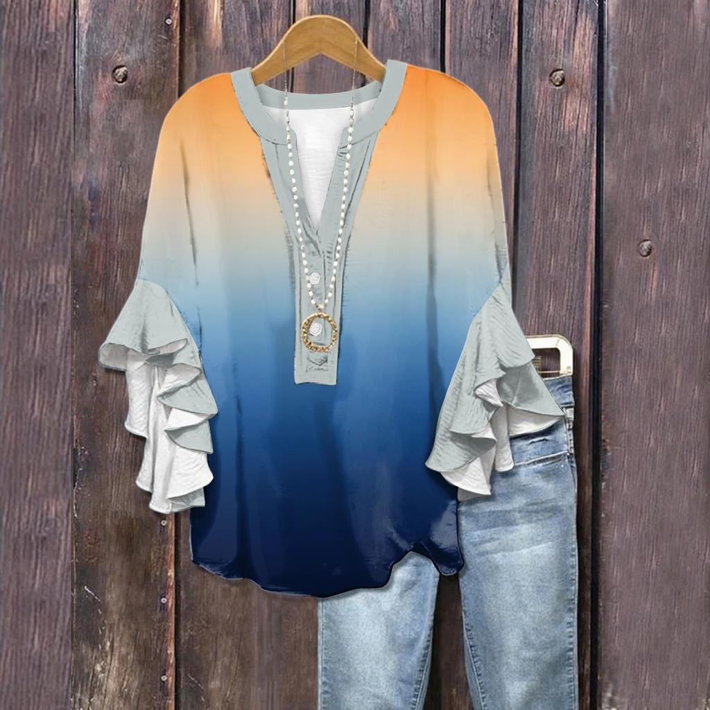 Summer Tops For Women Cute V Neck 3/4 Sleeve Blouses  Print Top Casual Shirts