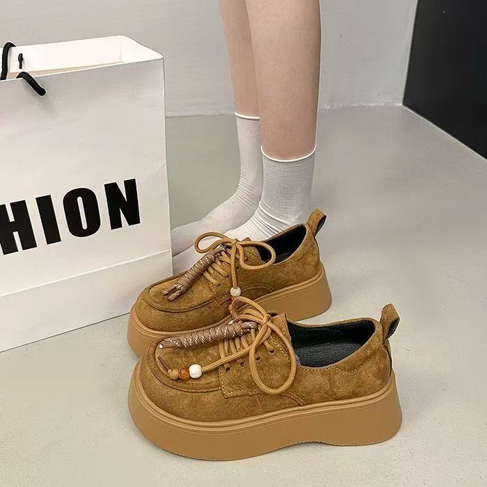 Thick-soled heightening lace-up women's autumn new retro soft-soled casual versatile low-top loafers