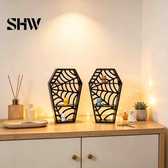 Gothic Style Home Accents Coffin-Shaped Spider Web Display Shelf, 3D Printed Tiered Mini Stand Figurine, Shelf Halloween Black Hollow Rack for