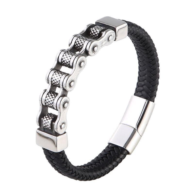 

Punk Trend Bracelet Retro Stainless Steel Braided Leather High-end Bracelet Handmade Men s Bracelet in Europe and America 205mm чорний