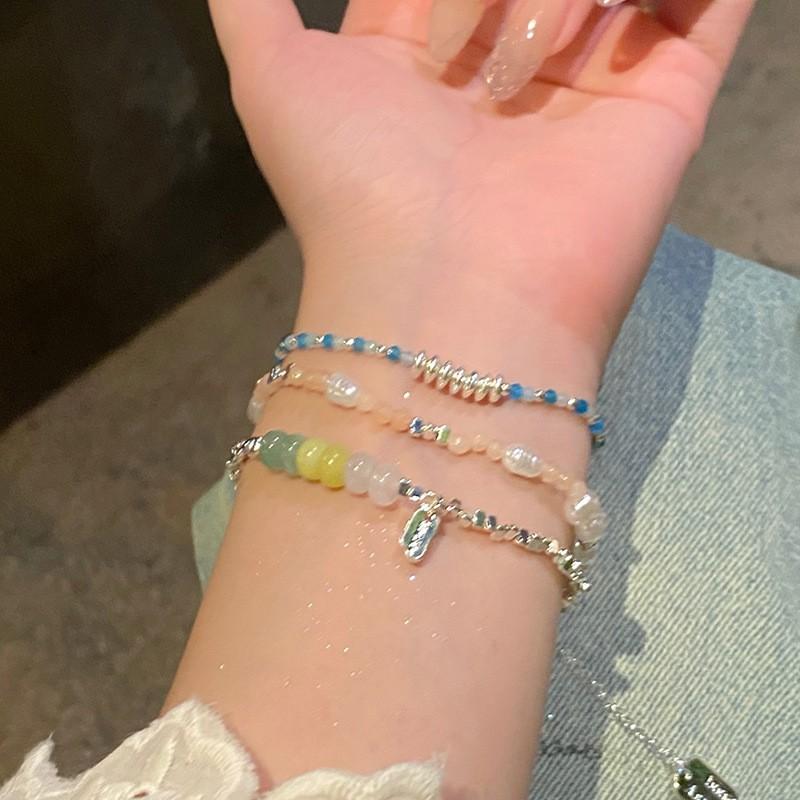 Womens Delicate Alloy Bracelet With Crystal Beads Pearl Charms Layered Stackable Jewelry Sweet Style