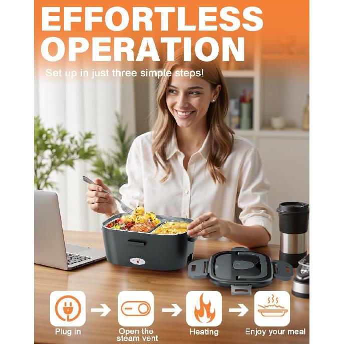 Electric Lunch Box for Men, Women & Adults - 80W Fast Heating - Heated Lunch Box with Dual 1.5L SS Containers - Portable Food Warmer for Car, Truck,