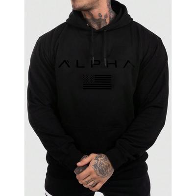Manfinity Fitness Men Casual Plain Long Sleeve Letter Print Pocket Drawstring Sports Hoodie Men Jogger Sweatshirt