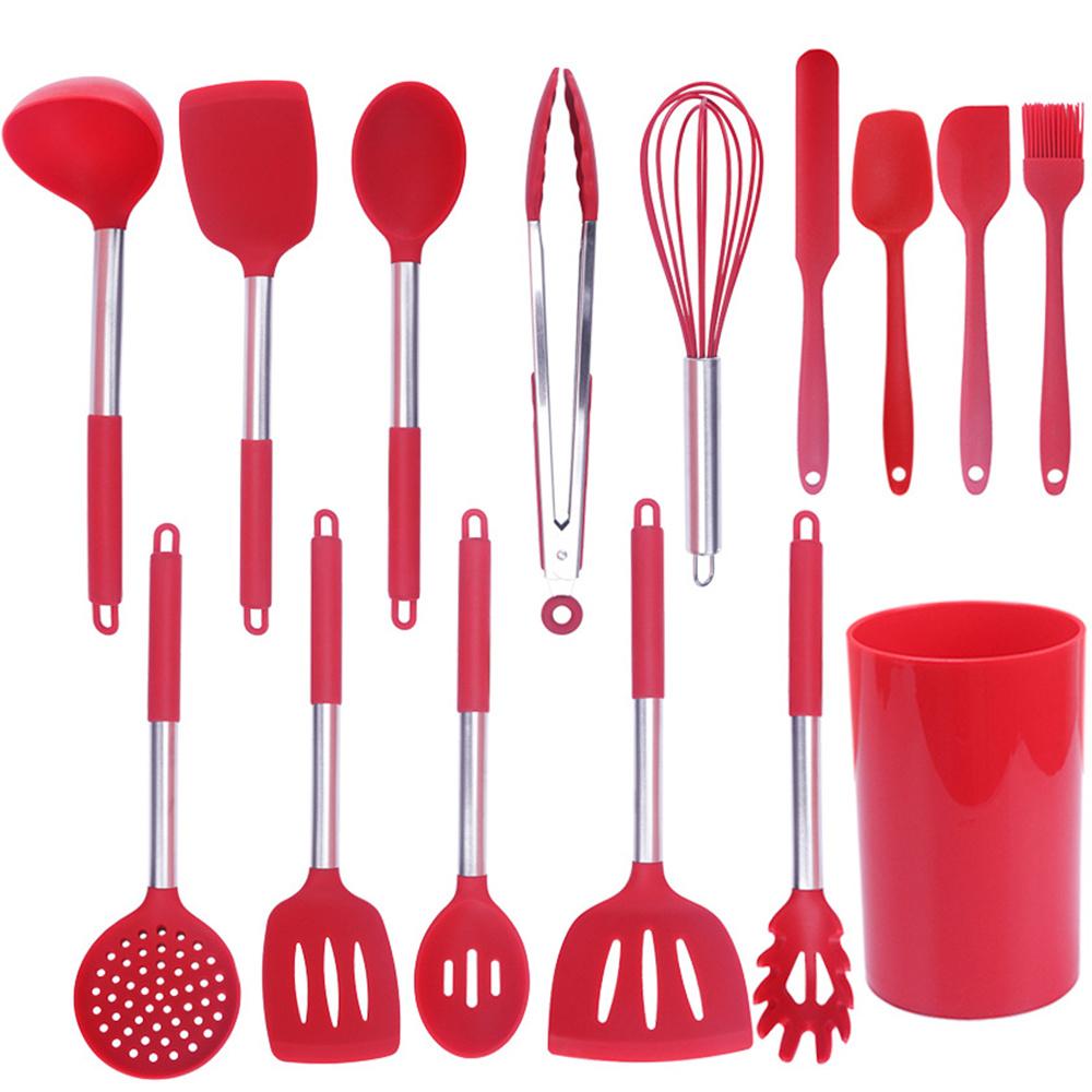 Set Ustensile de Bucătărie din Silicon - Mânere din Oțel Inoxidabil, Spatulă Perforată, Lingură, Tel, Clești și Altele cu Suport Elegant