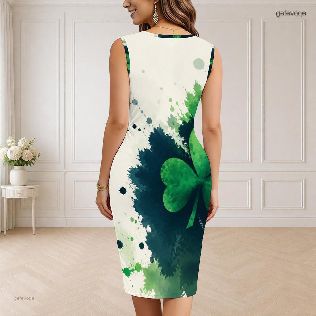 Women Plus Size V Neck Sleeveless Shamrock Printed Bodycon Midi Dress