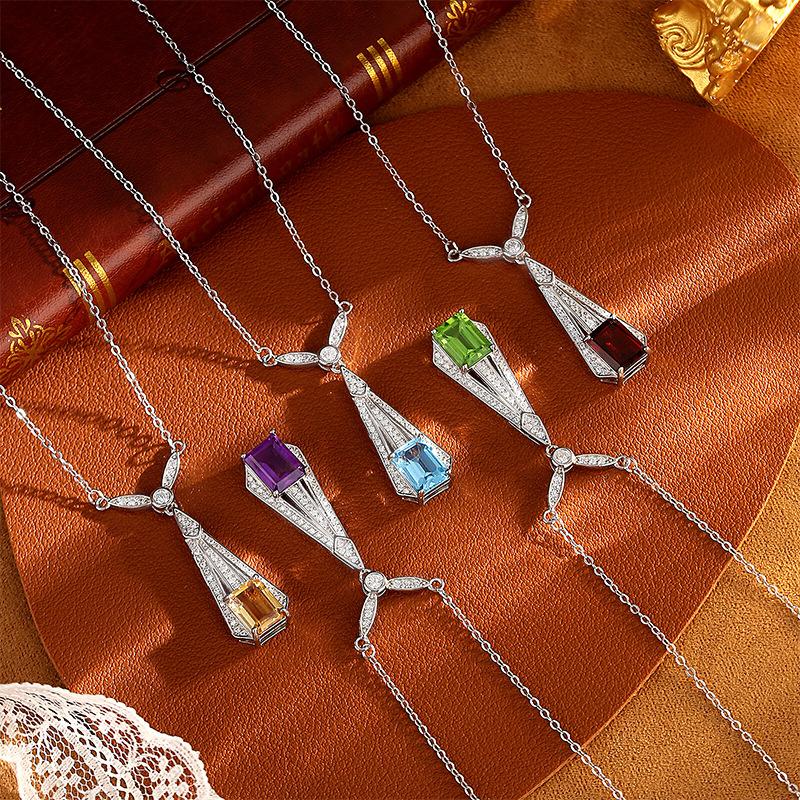 S925 Sterling Silver Art Deco Necklace Female Amethyst Peridot Geometric Pendant Light Luxury Clavicle Chain
