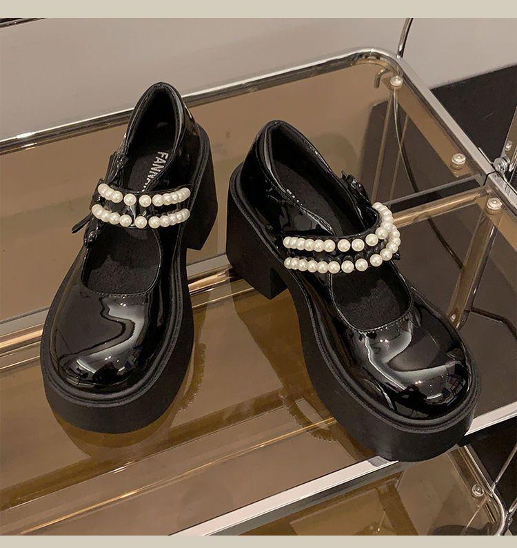 Fashion Pink Thick Bottom Mary Jane Shoes Women Spring Autumn New Sweet Pumps Fashion Pearl Retro Thick High Heel Loafers Women's Shoes