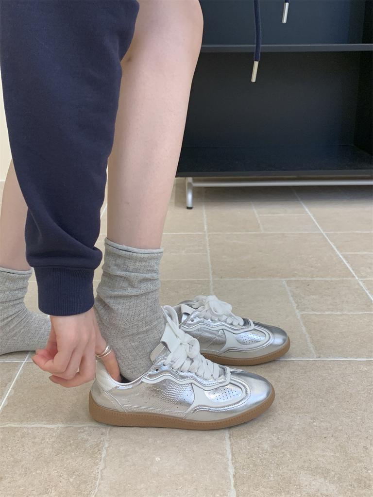 Fashion Silver Women's Casual Sneakers Designer Training Shoes Patchwork Lace-up Sneakers Leather Flat Women's Shoes Zapatillas De Muje