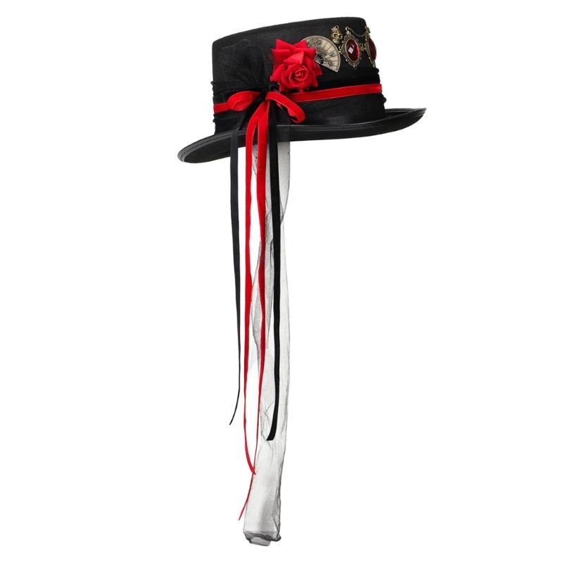 Halloween Hat with Ribbon Top Hat Steampunk Costume Accessories Cosplay Prop for Men Women Vintage Hat