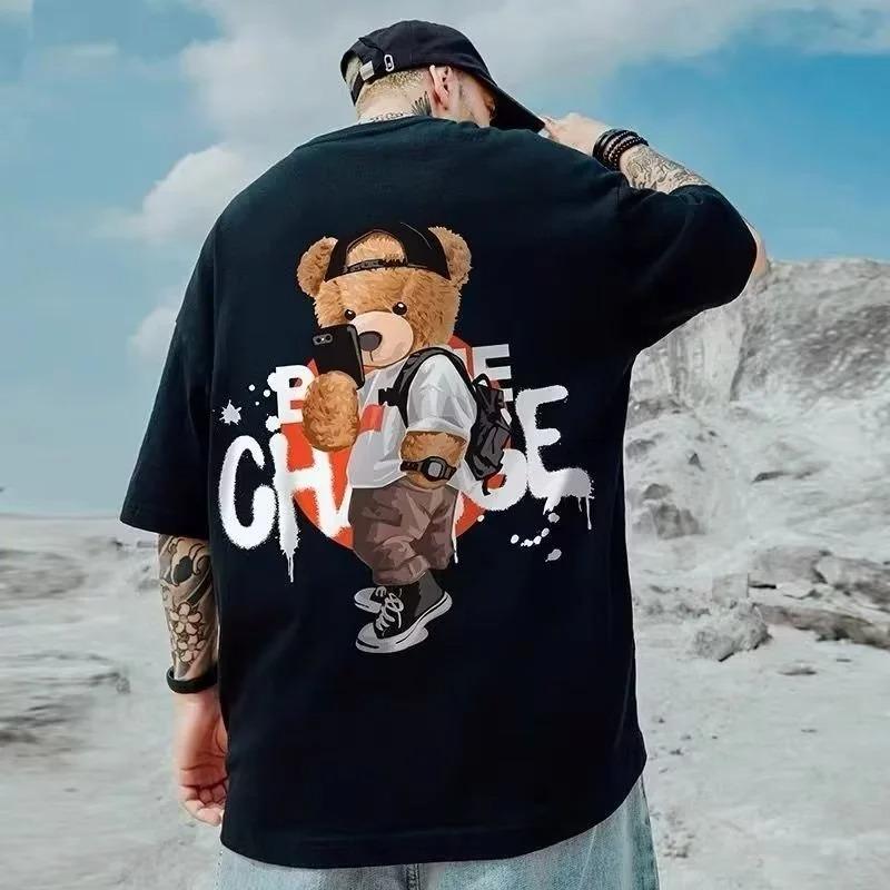Men's Summer 100% Cotton Fashion Sports Leisure Loose Paradise Letter Pattern Printed Round Neck Short Sleeve T-shirt Top