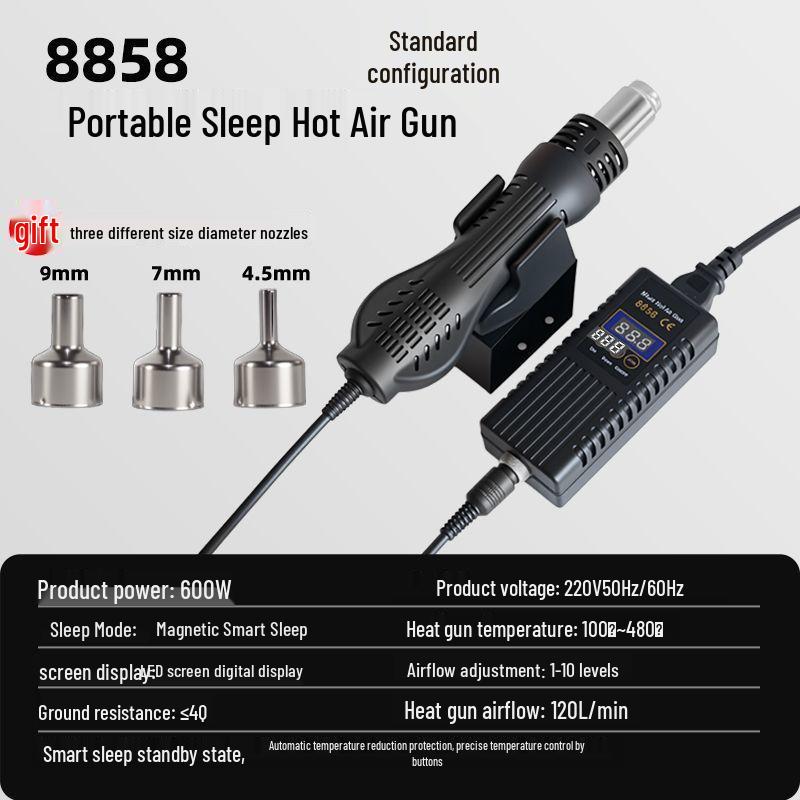 

8858 Мини Портативный Фен Паяльная Станция: Регулируемая температура и воздушный поток, цифровой дисплей, спящий режим, паяльный пистолет с высокой мощностью ЦП