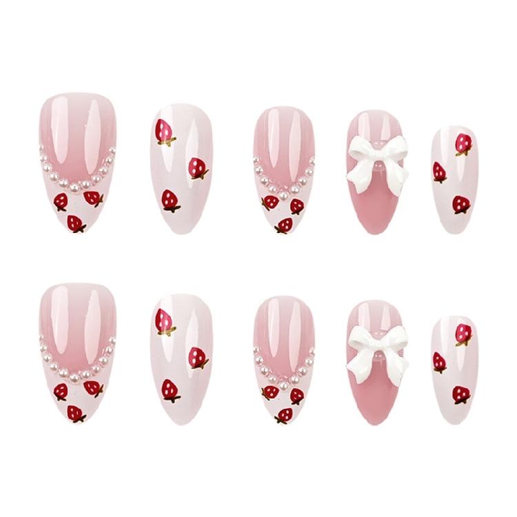 24pcs Short Press On Nail Almond Stick On Nail French Styles Full Cover False Nail with Strawberry Designs for Women