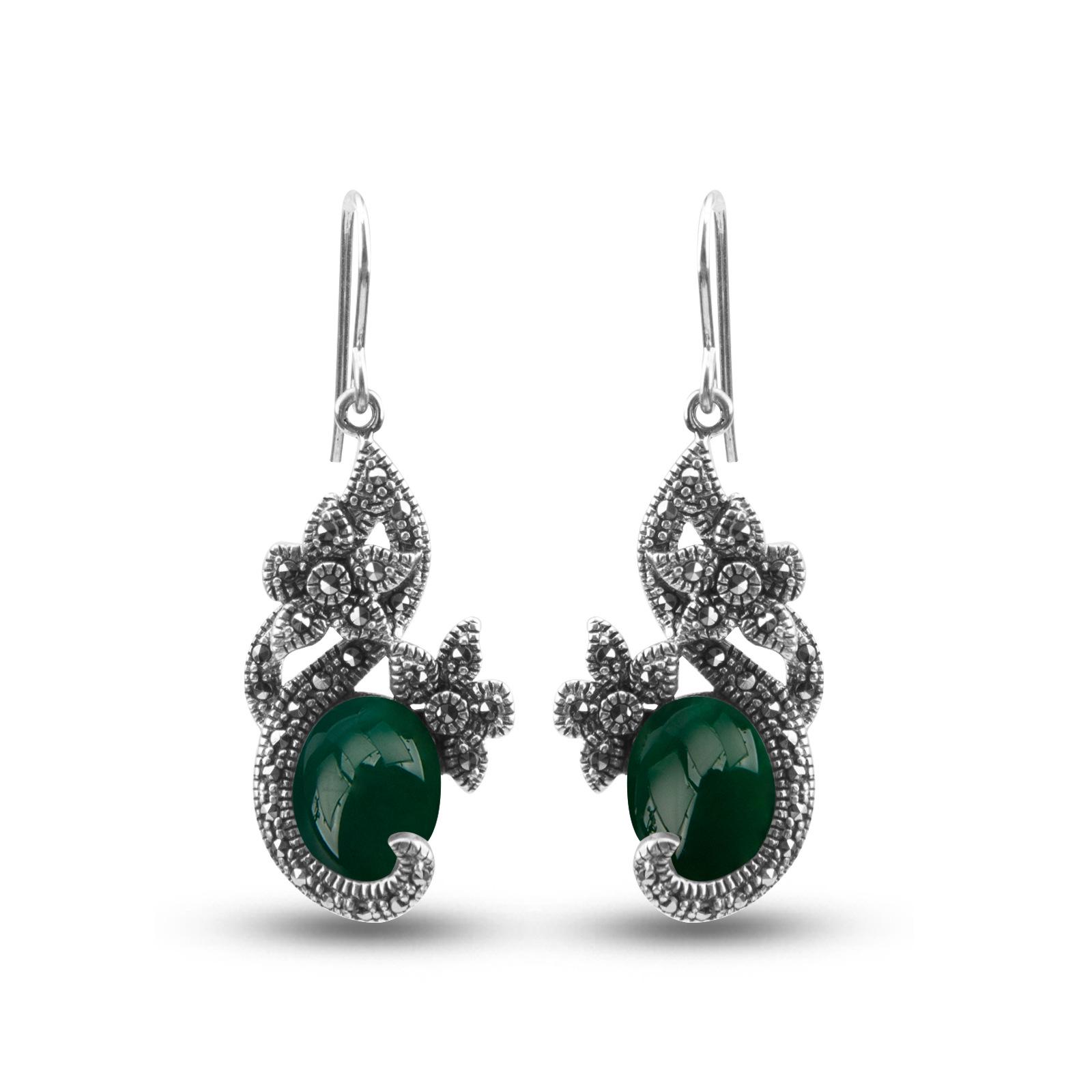 

Тайские серебряные серьги для женщин: Серебро 925 пробы с черной, красной и зеленой вставкой из синтетического агата зелёный