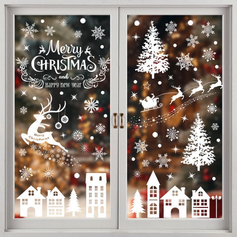 White Snowflake Reindeer Christmas Window Stickers - Holiday Decorative Decals for Glass Doors
