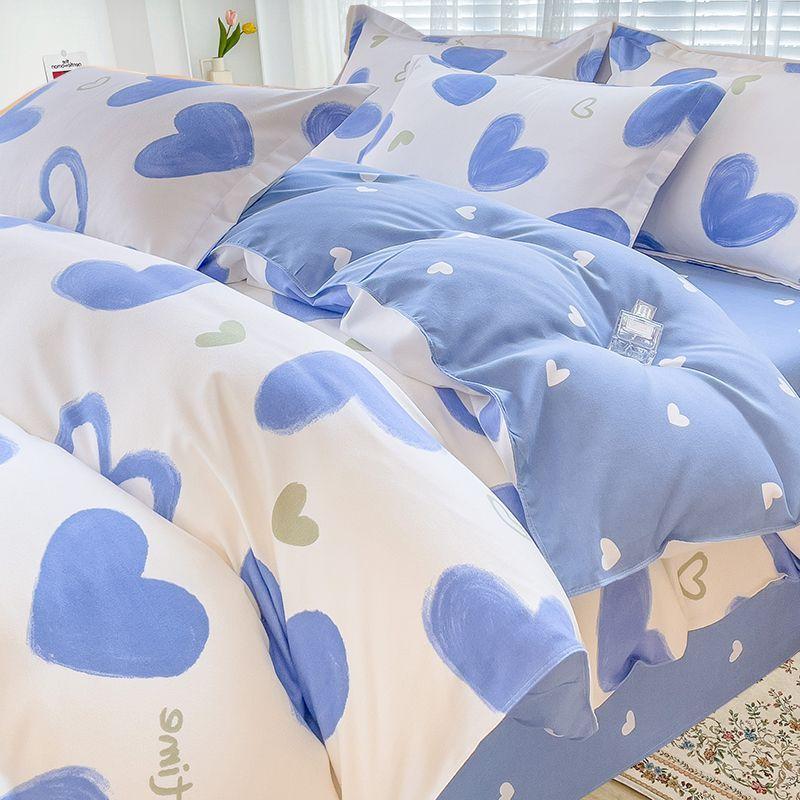 Simple Class A Washed Cotton Four-piece Bedding Set Princess Style Printed Quilt Cover Dormitory Bed Sheet Three-piece Quilt Cover