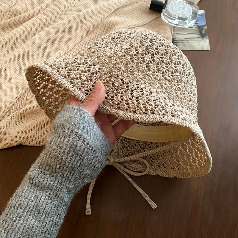 Damen Sommer Dünn Atmungsaktiv Gesicht Kleines Hohlmuster Riemen Eimerhut Sonnenschutz Sonnenschutz Gewebter Sonnenhut