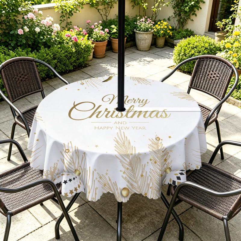 Outdoor Christmas Tablecloth Round Waterproof Oil-Resistant Patio Table Cover Garden Deck Umbrella Hole
