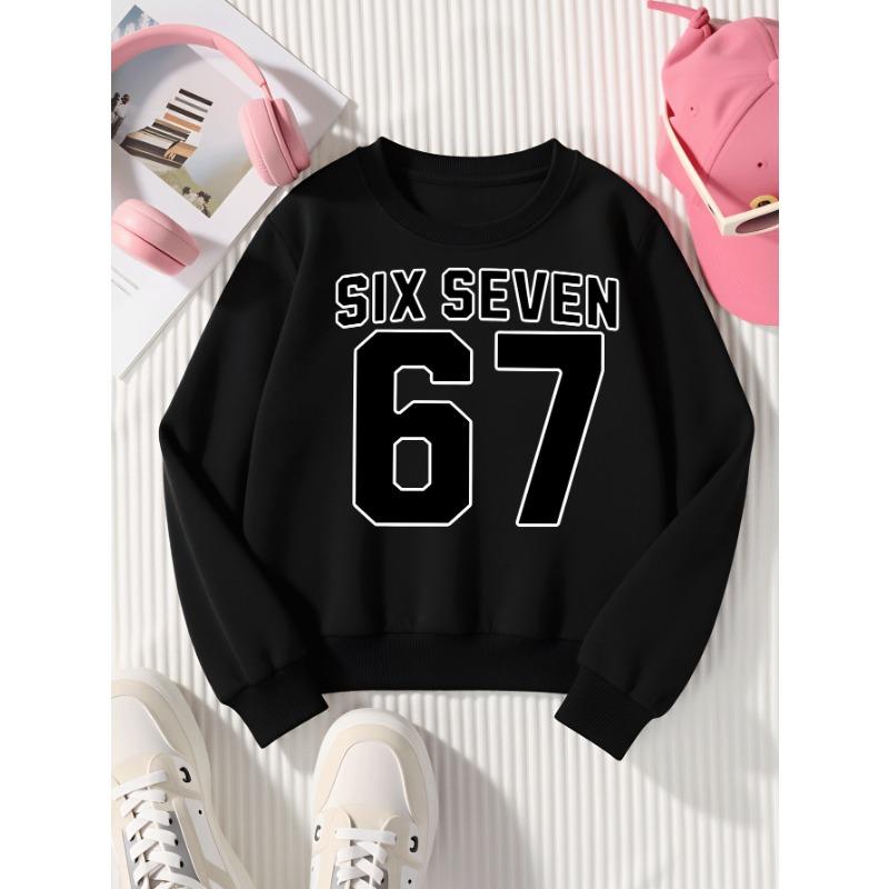 European Sizes Stylish Sweatshirt for Girls Featuring 67, Perfect for Autumn & Winter. Long-Sleeved Top In Various Colors, Casual Wear.