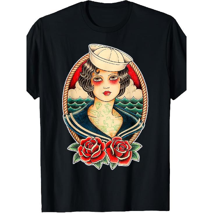 Tattooed Pin-Up Sailor Pretty Girl Traditional Tattoo Flash T-Shirt Mens Crew Neck T-shirt Perfect for Home|Outdoor|Work|Gifting