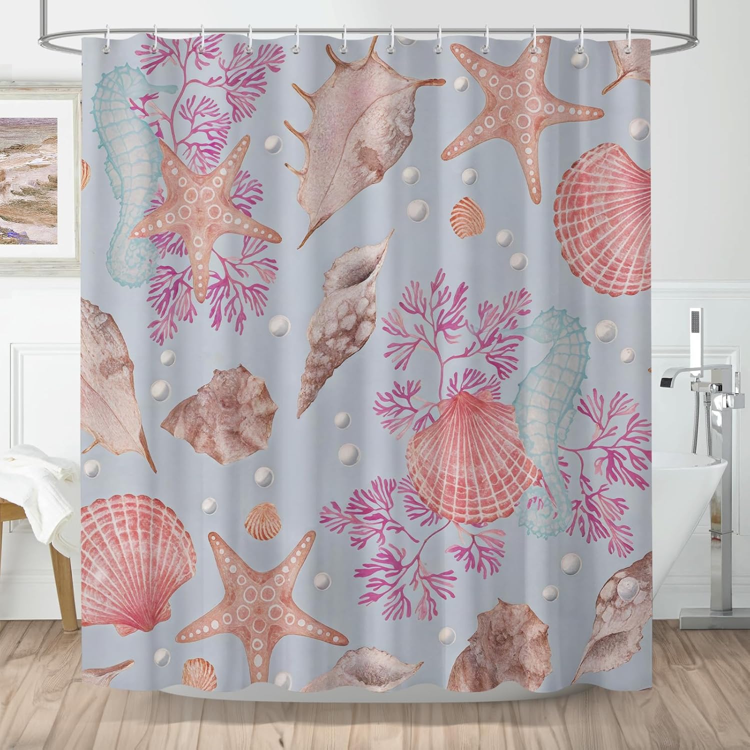 Textile Article Coral Nautical Coastal Shower Curtain, Beach Ocean Themed Shower Curtain Coastal Starfish Seahorse Seashells Vintage Waterproof