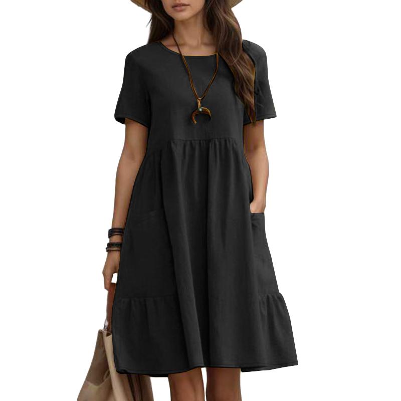 ZANZEA Women Casual Round Neck Loose Summer Short Sleeve Dress