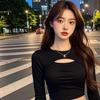 Chic Black Hollow-Out Long-Sleeve Top for Spring & Autumn – Trendy, Sexy, Versatile Women's Shirt