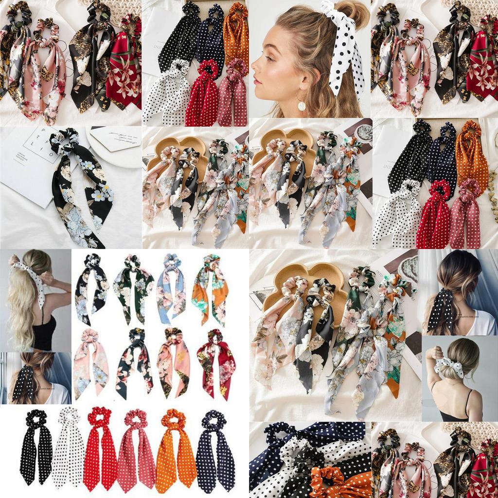 Elegant Floral Hair Bow Scrunchie Scarf With Boho Elastic Hairband And Ribbon Ties