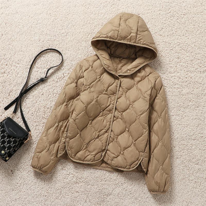 Neue leichte und dünne Kapuzen-Herbst- und Winterkürbis-Kurzdaunenjacke für Damen, warm, locker und vielseitig, klassische Jacke
