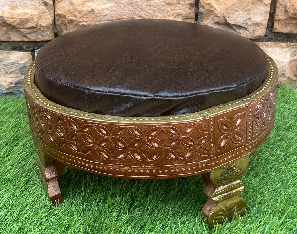 Wooden Round Side Table With Cushion-Carved Sitting Grinder Table-Wooden Bedside Central Table Art Furniture Decor-End Table Art Decor