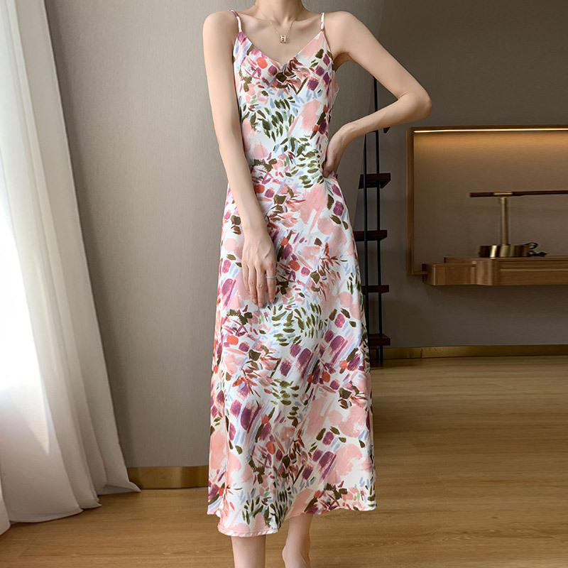 Women's Silk Satin Spring/summer Floral Halter Dress Matching Sleeveless Slim Silk Fashion Long Dress