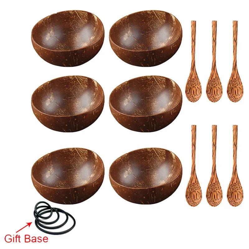 12-15cm  Natural Coconut Bowl Set Wooden Salad Ramen Bowl Coconut Wood Spoon Set Coco Smoothie Kitchen Tableware Coconut Bowl