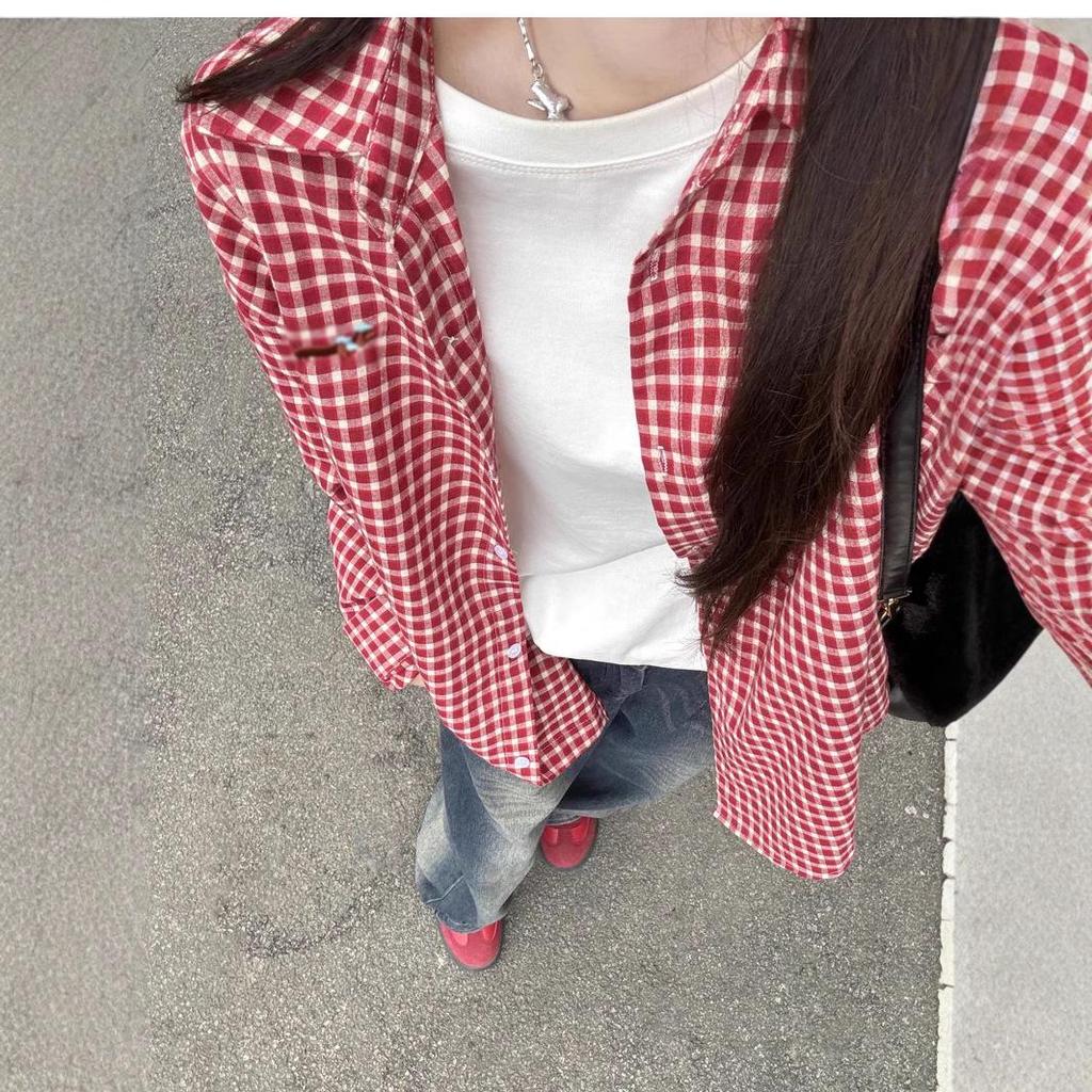 Women's Red Embroidered Plaid Shirt Jacket - Spring 2025 Small Size Casual Fashion