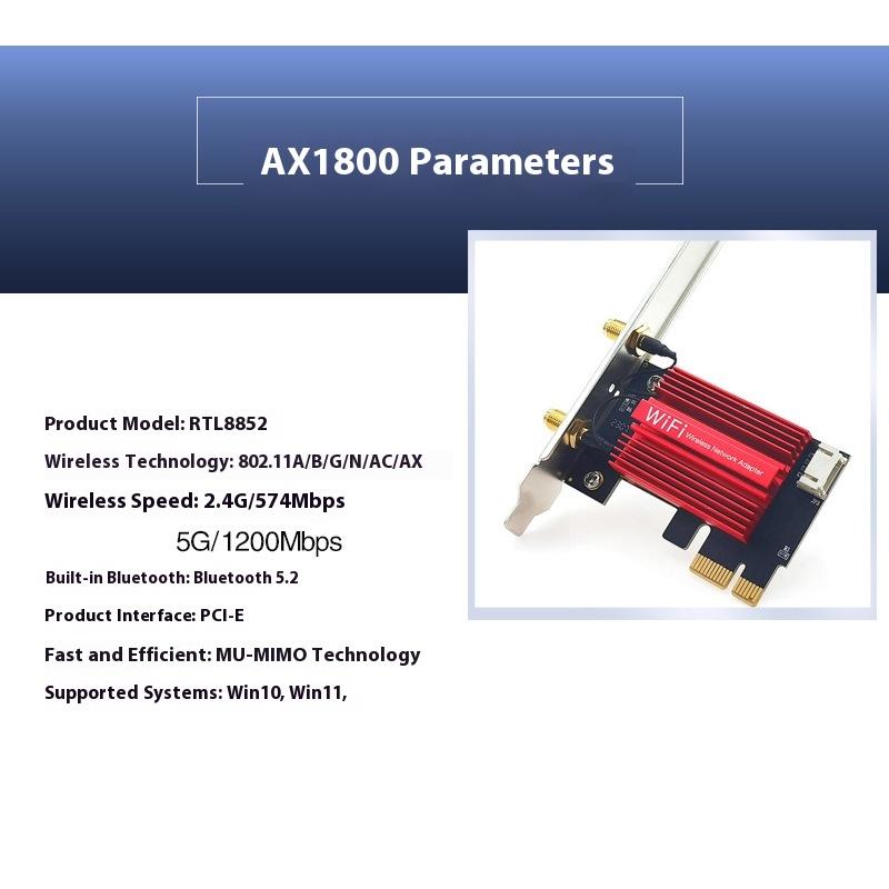 1Pcs 1800Mbps Bt5.2 Dual Band 2.4G/5Ghz 802.11Ax Network Wi-Fi Card For Desktop Pc Win 10/11 Wifi6 Ax1800 Wireless Pcie Adapter
