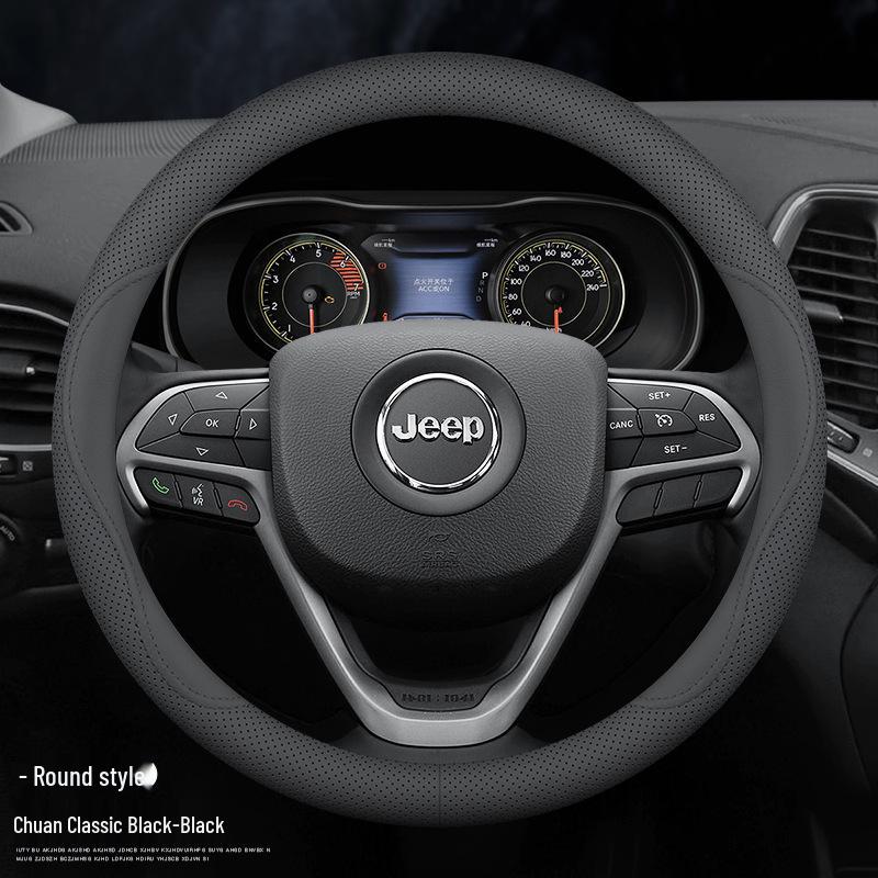 Universal Genuine Leather Steering Wheel Cover for Jeep Cherokee, Wrangler, Compass, Renegade - All-Season Use