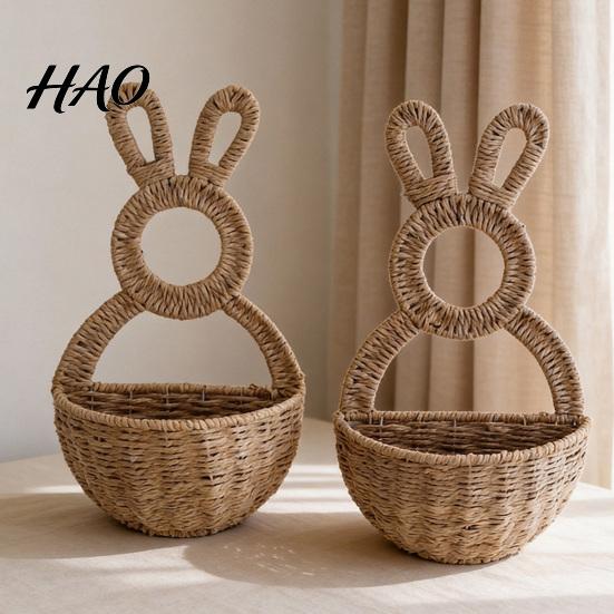 Entryway Sundries Storage Easter Bunny Woven Basket, Handmade Rabbit Rustic Wall Hanging Basket Small Plant Display for Dried or Faux Flowers Plants,