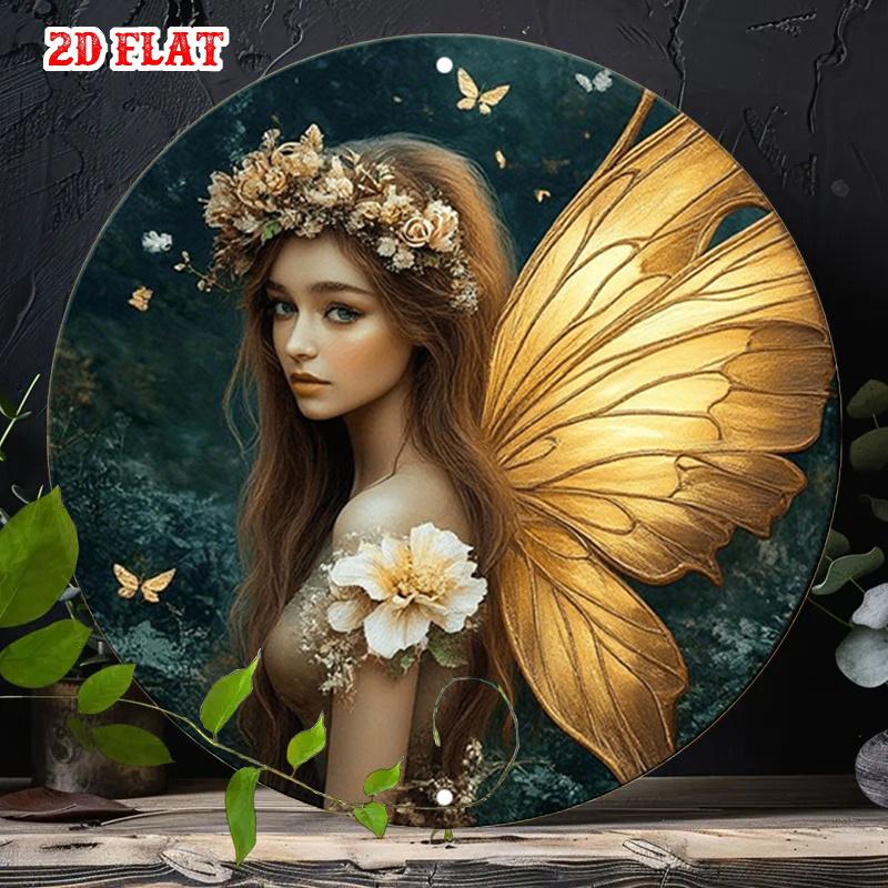 D Flat Fairy With Golden Wings Metal Sign Fantasy Elf Girl Floral Crown Art Vintage Mystical Forest Design Rustic Metal Wall 20x20cm(8x8inch)